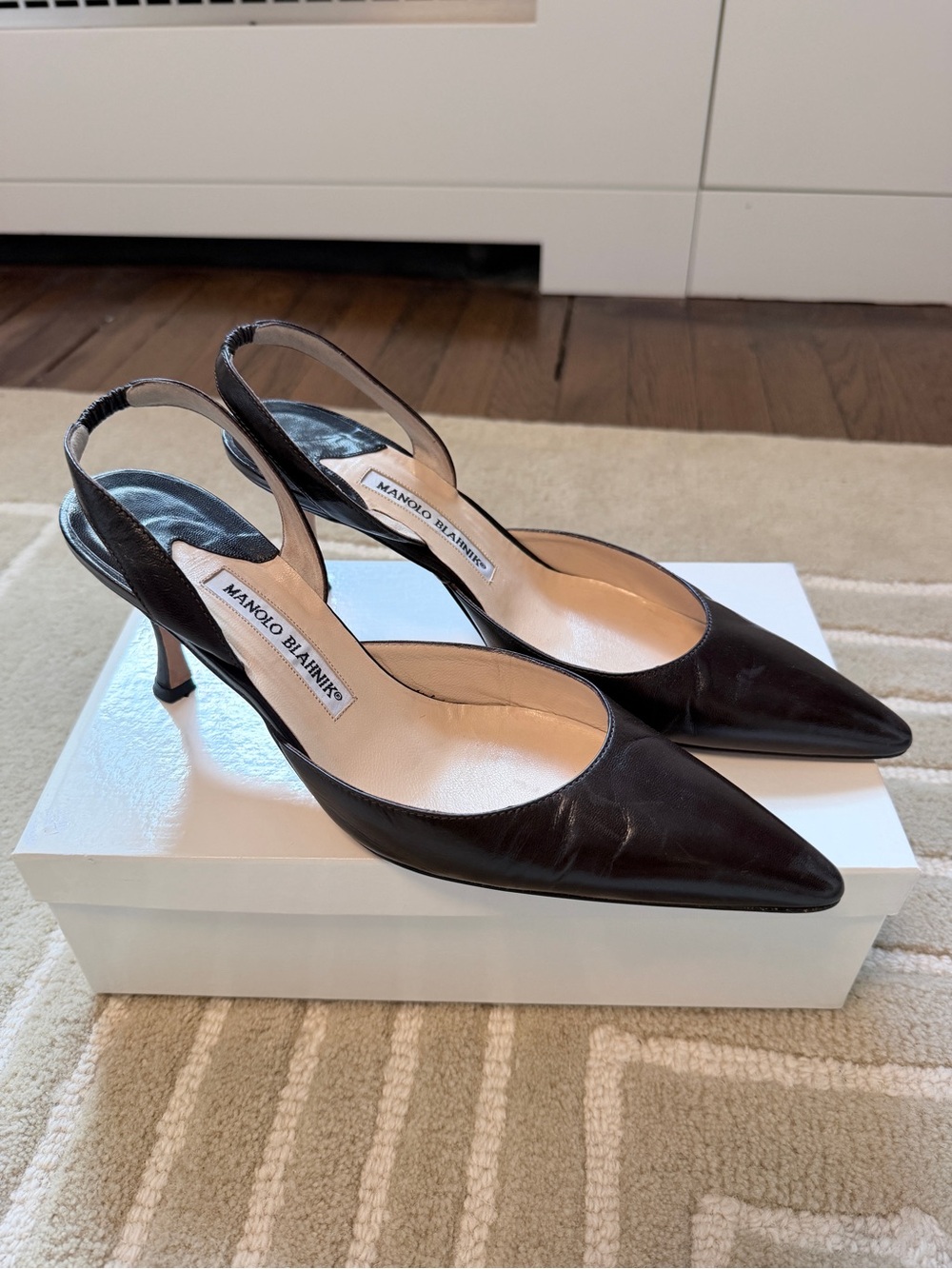 Manolo Blahnik Carolyn Brown Leather Slingback Pointed-Toe Pumps